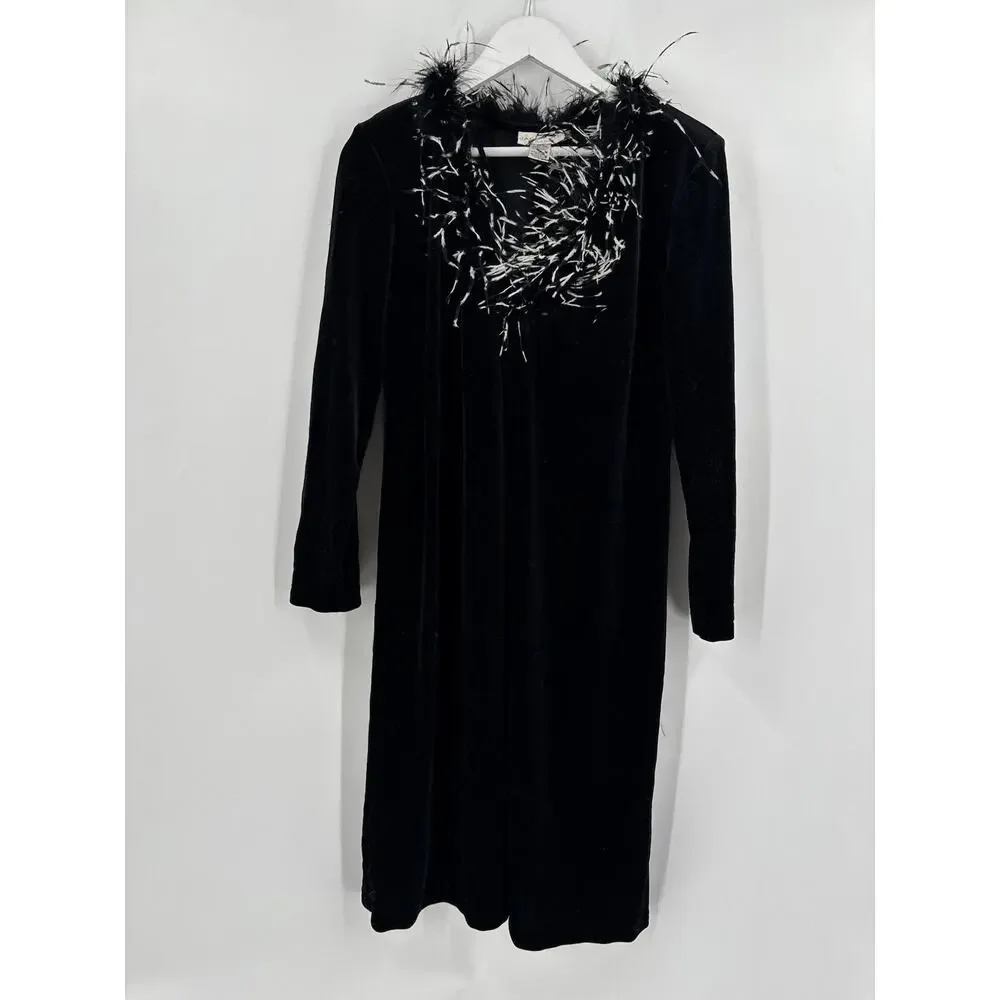 Jackie Jon Vintage Cardigan Sweater Womens Medium Black Velvet Feather Collared